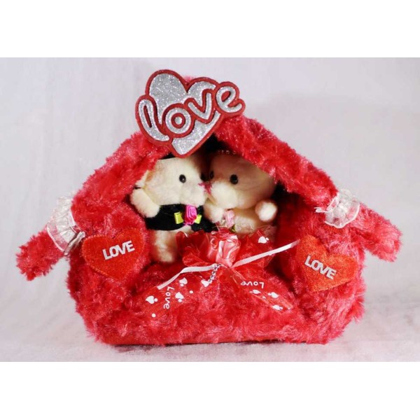 Valentines Special Beautiful Plush Red Love Hut with Couple Teddy Bears Valentines Special Beautiful Plush Red Love Hut with Couple Teddy Bears